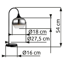 Stolní svítidlo kov černý matný, kouřové sklo, textilní kabel černý, kolébkový vypínač na kabelu, DxŠxV:275x180x540mm, délka kabelu 1500mm, bez žárovky 1xE27 40W 230V