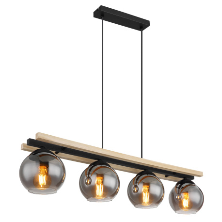 Závěsné svítidlo kov černý matný, přírodní dřevo, kouřové sklo, kabel PVC černý, možnost nastavení výšky, DxŠxV:850x150x1200mm, bez žárovek 4xE27 25W 230V