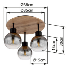 Stropní svítidlo kov černý matný, MDF, imitace tmavého dřeva, kouřové sklo, Ø380mm, V:300mm, bez žárovek 3xE27 40W 230V