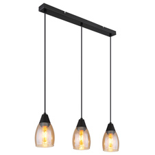 Závěsné svítidlo kov černý matný, sklo jantarové, kabel PVC černý, možnost nastavení výšky, DxŠxV:550x100x1200mm, bez žárovek 3x E27 15W 230V