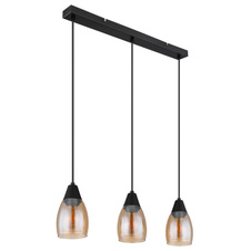 Závěsné svítidlo kov černý matný, sklo jantarové, kabel PVC černý, možnost nastavení výšky, DxŠxV:550x100x1200mm, bez žárovek 3x E27 15W 230V