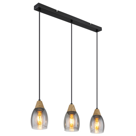 Závěsné svítidlo kov černý matný, kouřové sklo, imitace tmavého dřeva, kabel PVC černý, možnost nastavení výšky, DxŠxV:550x100x1200mm, bez žárovek 3xE27 15W 230V