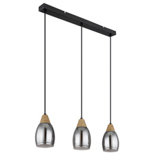 Závěsné svítidlo kov černý matný, kouřové sklo, imitace tmavého dřeva, kabel PVC černý, možnost nastavení výšky, DxŠxV:550x100x1200mm, bez žárovek 3xE27 15W 230V