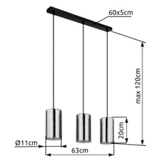 Závěsné svítidlo, kov černý matný, sklo kouřové, možnost nastavení výšky, DxŠxV:630x110x1200mm, bez žárovek 3xE14, max. 25W 230V