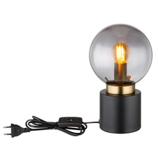 Stolní lampa, kov černý matný, kov mosaz, sklo kouřové, kolébkový vypínač na kabelu, Ø:150mm, V:245mm, délka kabelu 1500mm, bez žárovky 1xE14, max. 25W 230V
