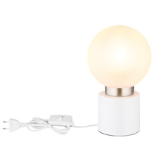 Stolní lampa, kov bílý matný, nikl, sklo bílé, satinované, kolébkový vypínač na kabelu, Ø:150mm, V:245mm, délka kabelu 1500mm, bez žárovky 1xE14, max. 25W 230V
