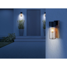 Venkovní svítidlo nerezová ocel imitace dřeva, nerezová ocel černá matná, sklo kouřové barvy, směr světla: dolů, IP44, ŠxV:90x225mm, H:124mm, bez žárovky 1xE27 40W 230V