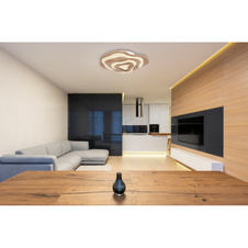 Stropní svítidlo dřevo tmavě hnědé, kov bílý, plast bílý, stmívatelné, přepínání funkcí nástěnným vypínačem, fixace barev, paměť, noční světlo, dálkové ovl., 580x500x100mm, LED 40W 230V, zdroj 480-4800lm, výstup 160-1600lm, CCT 2700-6000K