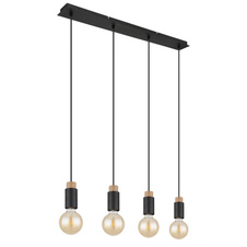 Závěsné svítidlo kov černý matný, dřevo tmavě hnědé, kabel PVC černý, DxŠxV:750x80x1200mm, bez žárovek 4xE27 40W 230V