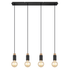 Závěsné svítidlo kov černý matný, dřevo tmavě hnědé, kabel PVC černý, DxŠxV:750x80x1200mm, bez žárovek 4xE27 40W 230V
