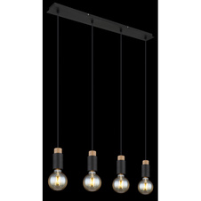 Závěsné svítidlo kov černý matný, dřevo tmavě hnědé, kabel PVC černý, DxŠxV:750x80x1200mm, bez žárovek 4xE27 40W 230V