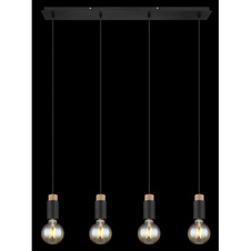 Závěsné svítidlo kov černý matný, dřevo tmavě hnědé, kabel PVC černý, DxŠxV:750x80x1200mm, bez žárovek 4xE27 40W 230V