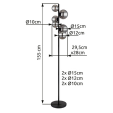 Stojací svítidlo kov černý matný, sklo kouřové, vypínač, DxŠxV:295x280x1550mm, délka kabelu 2400mm, Ø:stínítka: 2x12cm, 2x10cm, 2x15cm, včetně 6xG9 LED 3,5W 230V, 350lm zdroj,130lm výstup, 3000K, LED žárovky 10676