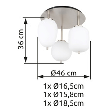 Stropní svítidlo kov nikl matný, sklo bílé, 3 různá skla, Ø:460 mm, V:360 mm, Ø:stínítka: 1x15,8cm, 16,5cm, 18,5cm, bez žárovek 3x E14 40W 230V