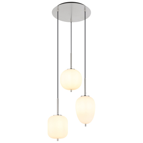 Závěsné svítidlo kov nikl matný, sklo bílé, kabel PVC černý, možnost nastavení výšky, 3 různá skla, Ø:460 mm, V:1200 mm, Ø:stínítka: 1x15,8cm, 16,5cm, 18,5cm, bez žárovek 3x E14 40W 230V