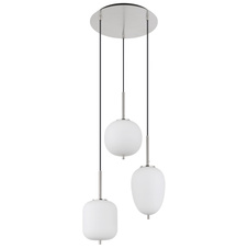 Závěsné svítidlo kov nikl matný, sklo bílé, kabel PVC černý, možnost nastavení výšky, 3 různá skla, Ø:460 mm, V:1200 mm, Ø:stínítka: 1x15,8cm, 16,5cm, 18,5cm, bez žárovek 3x E14 40W 230V