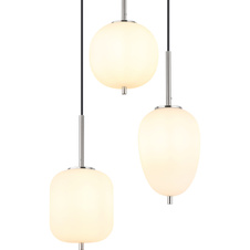 Závěsné svítidlo kov nikl matný, sklo bílé, kabel PVC černý, možnost nastavení výšky, 3 různá skla, Ø:460 mm, V:1200 mm, Ø:stínítka: 1x15,8cm, 16,5cm, 18,5cm, bez žárovek 3x E14 40W 230V