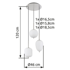 Závěsné svítidlo kov nikl matný, sklo bílé, kabel PVC černý, možnost nastavení výšky, 3 různá skla, Ø:460 mm, V:1200 mm, Ø:stínítka: 1x15,8cm, 16,5cm, 18,5cm, bez žárovek 3x E14 40W 230V