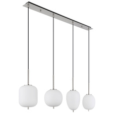 Závěsné svítidlo kov nikl matný, sklo bílé, kabel PVC černý, možnost nastavení výšky, 4 různá skla, DxŠxV:1100x185x1200mm, Ø:stínítka: 15,8cm, 16,4cm, 16,5cm, 18,5cm, bez žárovek 4x E14 40W 230V