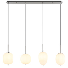 Závěsné svítidlo kov nikl matný, sklo bílé, kabel PVC černý, možnost nastavení výšky, 4 různá skla, DxŠxV:1100x185x1200mm, Ø:stínítka: 15,8cm, 16,4cm, 16,5cm, 18,5cm, bez žárovek 4x E14 40W 230V