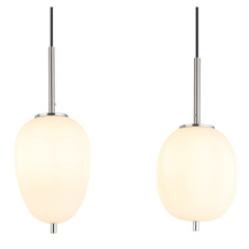 Závěsné svítidlo kov nikl matný, sklo bílé, kabel PVC černý, možnost nastavení výšky, 4 různá skla, DxŠxV:1100x185x1200mm, Ø:stínítka: 15,8cm, 16,4cm, 16,5cm, 18,5cm, bez žárovek 4x E14 40W 230V