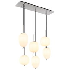 Závěsné svítidlo kov nikl matný, sklo bílé, kabel PVC černý, možnost nastavení výšky, 3 různá skla, DxŠxV:800x340x1200mm, Ø:stínítka: 2x15,8cm, 16,5cm, 18,5cm, bez žárovek 6x E14 40W 230V