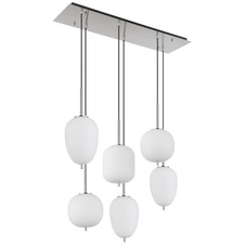 Závěsné svítidlo kov nikl matný, sklo bílé, kabel PVC černý, možnost nastavení výšky, 3 různá skla, DxŠxV:800x340x1200mm, Ø:stínítka: 2x15,8cm, 16,5cm, 18,5cm, bez žárovek 6x E14 40W 230V