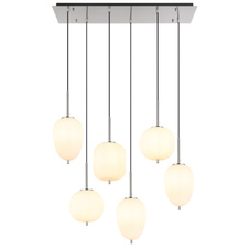 Závěsné svítidlo kov nikl matný, sklo bílé, kabel PVC černý, možnost nastavení výšky, 3 různá skla, DxŠxV:800x340x1200mm, Ø:stínítka: 2x15,8cm, 16,5cm, 18,5cm, bez žárovek 6x E14 40W 230V