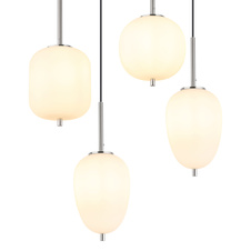 Závěsné svítidlo kov nikl matný, sklo bílé, kabel PVC černý, možnost nastavení výšky, 3 různá skla, DxŠxV:800x340x1200mm, Ø:stínítka: 2x15,8cm, 16,5cm, 18,5cm, bez žárovek 6x E14 40W 230V