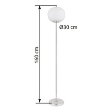 Stojací lampa kov nikl matný, sklo bílé, vypínač, Ø:300mm, V:1600mm, délka kabelu 1800mm, bez žárovky 1x E27 60W 230V