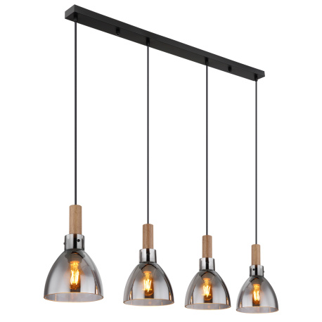 Závěsné svítidlo, kov černý matný, sklo kouřové, MDF se vzhledem dřeva, kabel PVC černý, možnost nastavení výšky, DxŠxV:1050x160x1200mm, bez žárovek 4xE27 LED, max. 6W 230V