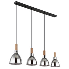 Závěsné svítidlo, kov černý matný, sklo kouřové, MDF se vzhledem dřeva, kabel PVC černý, možnost nastavení výšky, DxŠxV:1050x160x1200mm, bez žárovek 4xE27 LED, max. 6W 230V