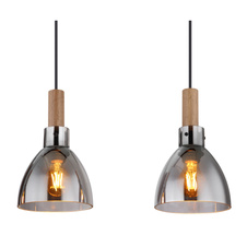 Závěsné svítidlo, kov černý matný, sklo kouřové, MDF se vzhledem dřeva, kabel PVC černý, možnost nastavení výšky, DxŠxV:1050x160x1200mm, bez žárovek 4xE27 LED, max. 6W 230V