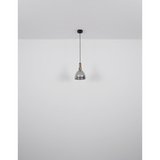 Závěsné svítidlo, kov černý matný, sklo kouřové, MDF se vzhledem dřeva, kabel PVC černý, možnost nastavení výšky, DxŠxV:1050x160x1200mm, bez žárovek 4xE27 LED, max. 6W 230V