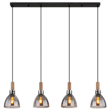 Závěsné svítidlo, kov černý matný, sklo kouřové, MDF se vzhledem dřeva, kabel PVC černý, možnost nastavení výšky, DxŠxV:1050x160x1200mm, bez žárovek 4xE27 LED, max. 6W 230V