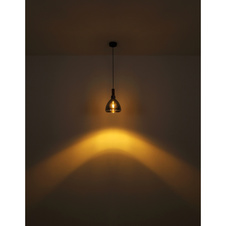 Závěsné svítidlo, kov černý matný, sklo kouřové, MDF se vzhledem dřeva, kabel PVC černý, možnost nastavení výšky, DxŠxV:1050x160x1200mm, bez žárovek 4xE27 LED, max. 6W 230V