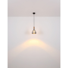 Závěsné svítidlo, kov černý matný, sklo kouřové, MDF se vzhledem dřeva, kabel PVC černý, možnost nastavení výšky, DxŠxV:1050x160x1200mm, bez žárovek 4xE27 LED, max. 6W 230V