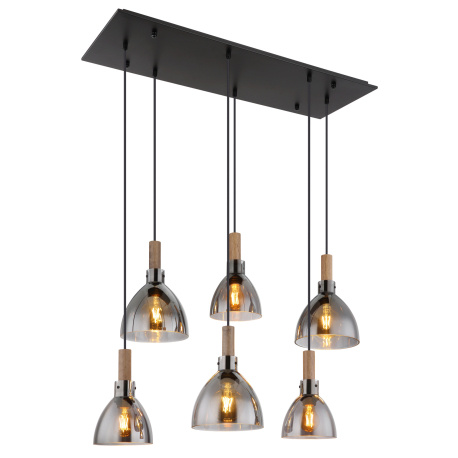Závěsné svítidlo, kov černý matný, sklo kouřové, MDF se vzhledem dřeva, kabel PVC černý, možnost nastavení výšky, DxŠxV:830x390x1200mm, stínítko Ø:3x16cm a 20cm, bez žárovek 6x E27 LED, 9W 230V