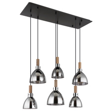 Závěsné svítidlo, kov černý matný, sklo kouřové, MDF se vzhledem dřeva, kabel PVC černý, možnost nastavení výšky, DxŠxV:830x390x1200mm, stínítko Ø:3x16cm a 20cm, bez žárovek 6x E27 LED, 9W 230V