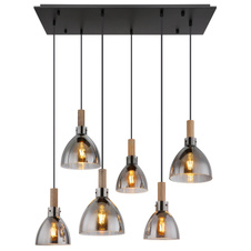 Závěsné svítidlo, kov černý matný, sklo kouřové, MDF se vzhledem dřeva, kabel PVC černý, možnost nastavení výšky, DxŠxV:830x390x1200mm, stínítko Ø:3x16cm a 20cm, bez žárovek 6x E27 LED, 9W 230V