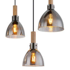 Závěsné svítidlo, kov černý matný, sklo kouřové, MDF se vzhledem dřeva, kabel PVC černý, možnost nastavení výšky, DxŠxV:830x390x1200mm, stínítko Ø:3x16cm a 20cm, bez žárovek 6x E27 LED, 9W 230V