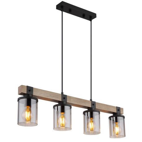 Závěsné svítidlo kov černý matný, dřevo tmavě hnědé, sklo kouřové barvy, kabel PVC černý, DxŠxV:730x100x1330mm, bez žárovek 4xE27 60W 230V