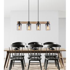 Závěsné svítidlo kov černý matný, dřevo tmavě hnědé, sklo kouřové barvy, kabel PVC černý, DxŠxV:730x100x1330mm, bez žárovek 4xE27 60W 230V