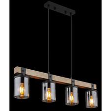 Závěsné svítidlo kov černý matný, dřevo tmavě hnědé, sklo kouřové barvy, kabel PVC černý, DxŠxV:730x100x1330mm, bez žárovek 4xE27 60W 230V
