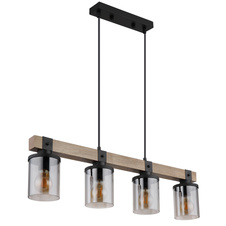 Závěsné svítidlo kov černý matný, dřevo tmavě hnědé, sklo kouřové barvy, kabel PVC černý, DxŠxV:730x100x1330mm, bez žárovek 4xE27 60W 230V