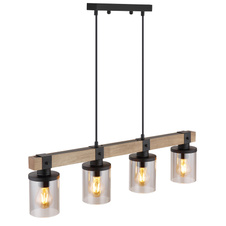 Závěsné svítidlo kov černý matný, dřevo tmavě hnědé, sklo kouřové barvy, kabel PVC černý, DxŠxV:730x100x1330mm, bez žárovek 4xE27 60W 230V