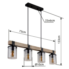 Závěsné svítidlo kov černý matný, dřevo tmavě hnědé, sklo kouřové barvy, kabel PVC černý, DxŠxV:730x100x1330mm, bez žárovek 4xE27 60W 230V