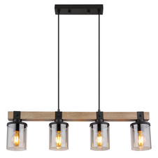 Závěsné svítidlo kov černý matný, dřevo tmavě hnědé, sklo kouřové barvy, kabel PVC černý, DxŠxV:730x100x1330mm, bez žárovek 4xE27 60W 230V