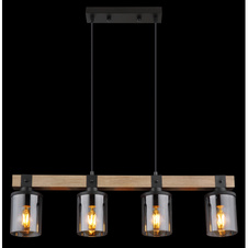 Závěsné svítidlo kov černý matný, dřevo tmavě hnědé, sklo kouřové barvy, kabel PVC černý, DxŠxV:730x100x1330mm, bez žárovek 4xE27 60W 230V