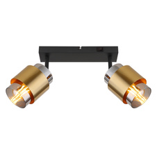 Nástěnné svítidlo kov černý matný, sklo kouřové barvy, mosazný kroužek, vypínač, DxŠxV:260x100x125mm, bez žárovek 2x E27 40W 230V